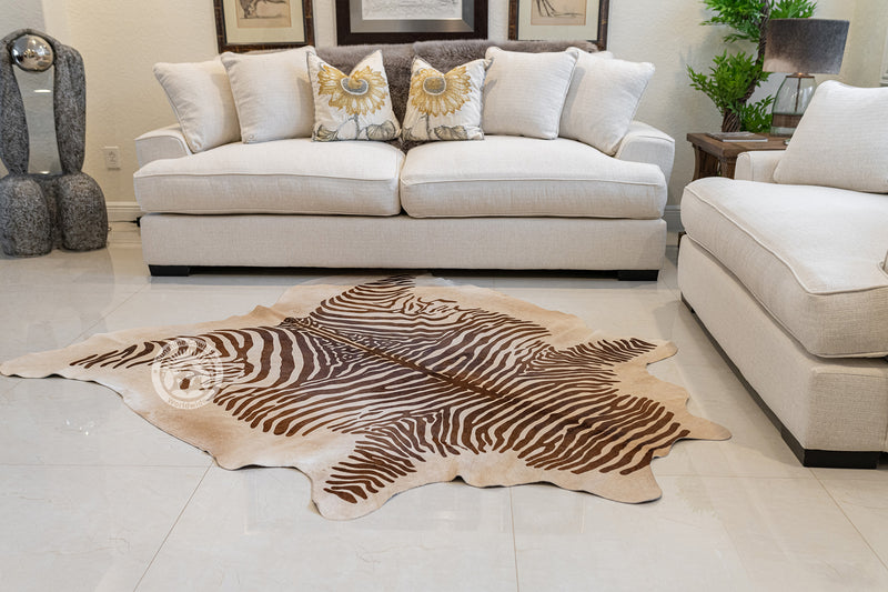 Zebra Brown Spine Stripes on Beige Cowhide Rug