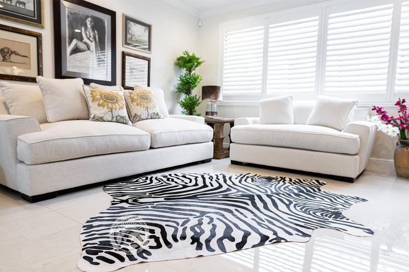 Zebra Black Stripes on Off White Cowhide Rug