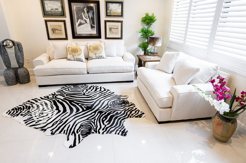Zebra Black Stripes on Off White Cowhide Rug