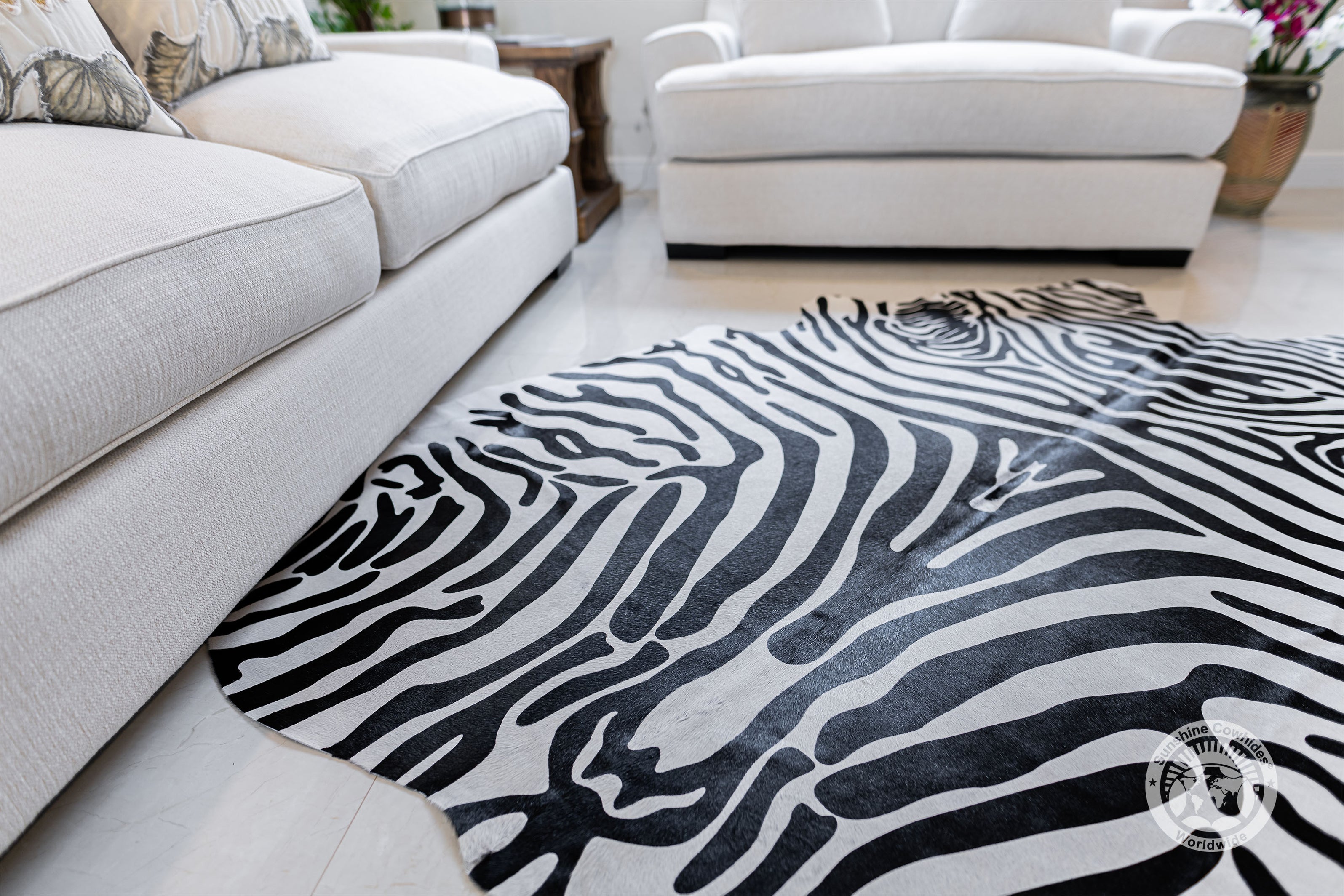 Zebra Black Stripes on Off White Cowhide Rug — Luxury Cowhides