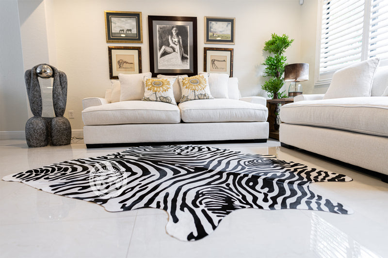 Zebra Black Stripes on Off White Cowhide Rug