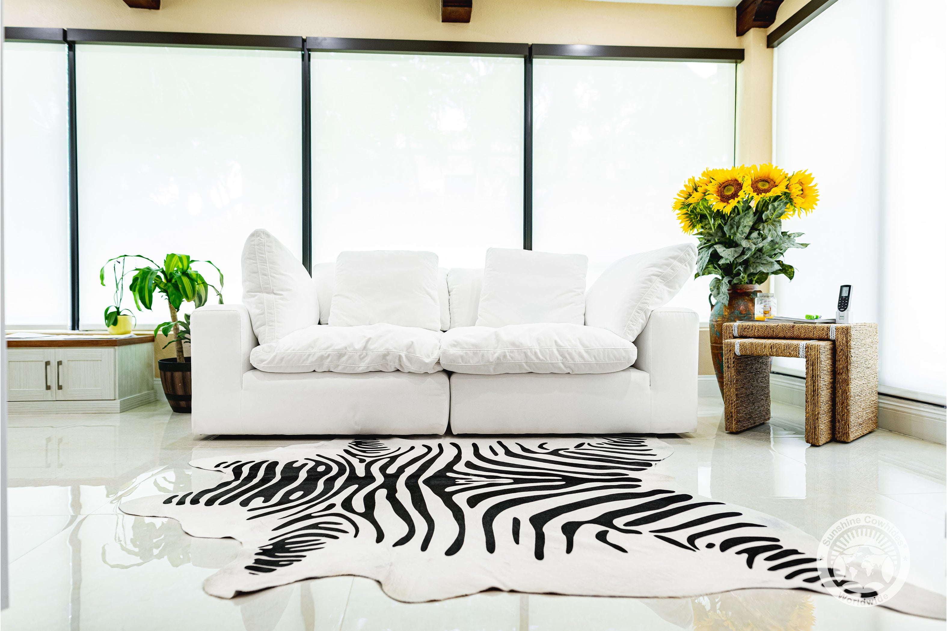 Zebra Black Stripes on Off White Cowhide Rug — Luxury Cowhides